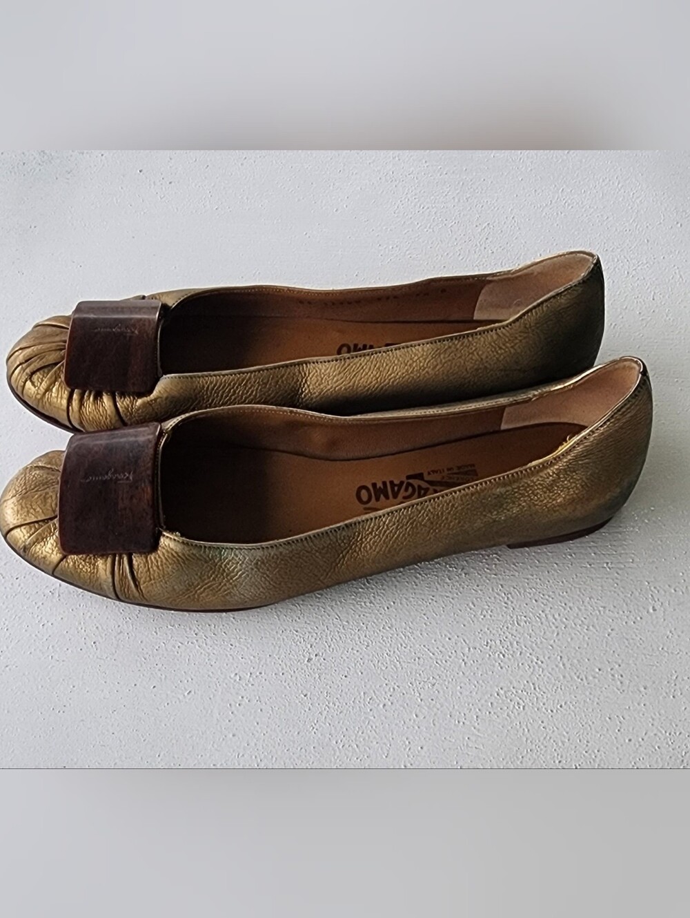 Salvatore Ferragamo Gold Leather Cap-Toe Ballet Flats - Picture 3 of 12